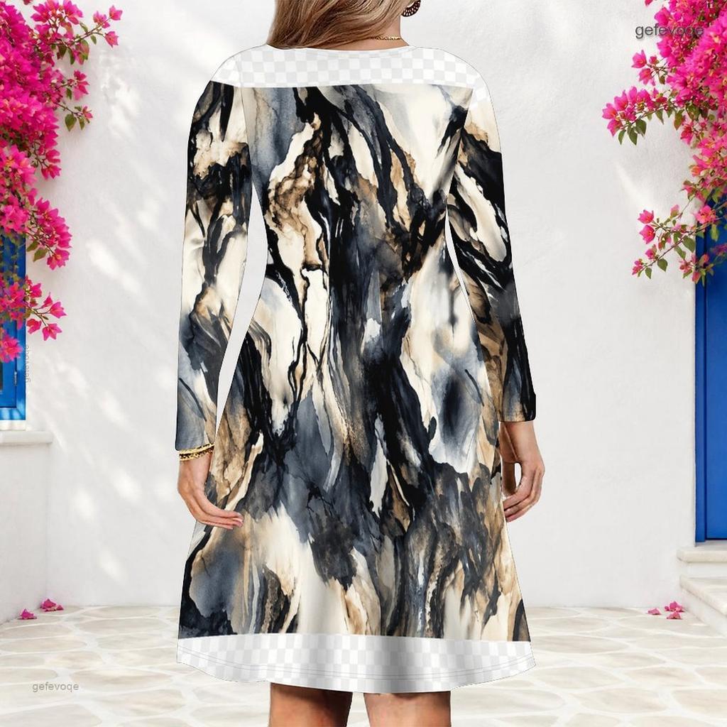 Women Plus Size V Neck Long Sleeve Blue Printed A Line Dress