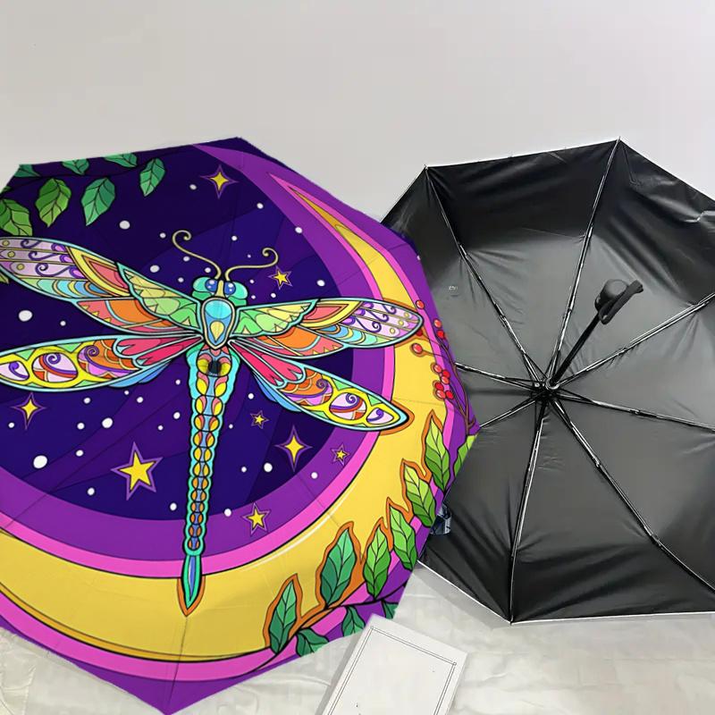 Bunter Libellen-Mondphasen-Automatik-Öffnungs-Regenschirm - Tragbares FaltDesign mit 8-Speichen-Eisenrahmen, Perfekt für den Außenbereich, Festlich