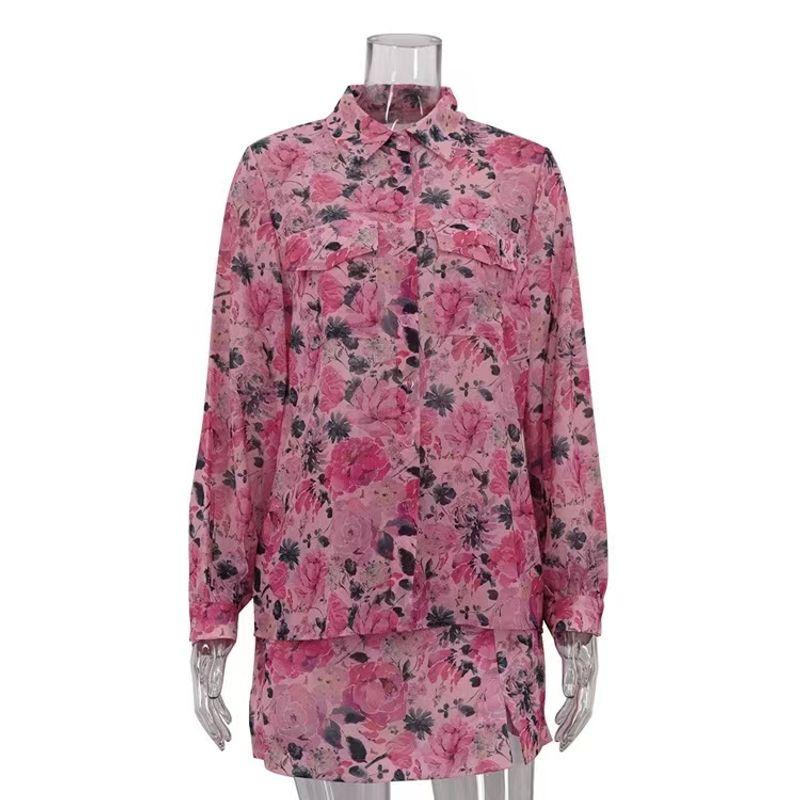 

Fashion New Arrival Fashion Print Shirt Skirt Suit Printed Shirt Split Skirt Set Pink L