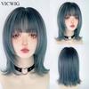 Blue Short Synthetic Straight Wigs with Bangs Lolita Cosplay Women Natural Hair Wig for Daily Party