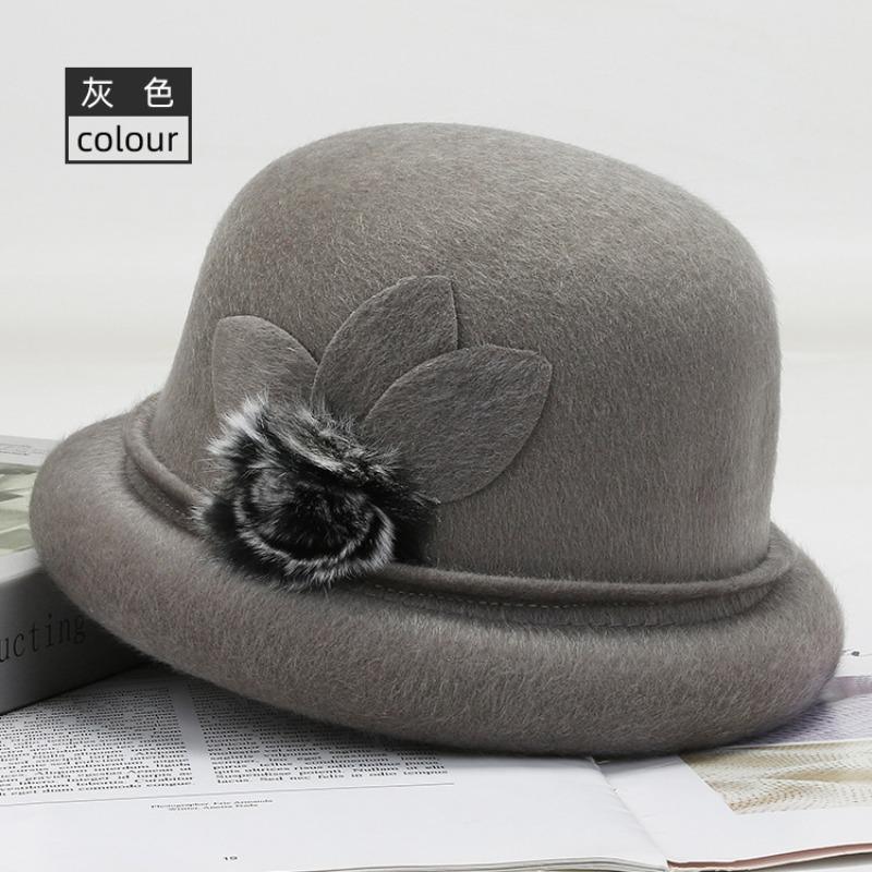 Middle-aged woolen basin hat, women's top hat, burgundy season, middle-aged women's hat, spring hat, big-brimmed sun hat