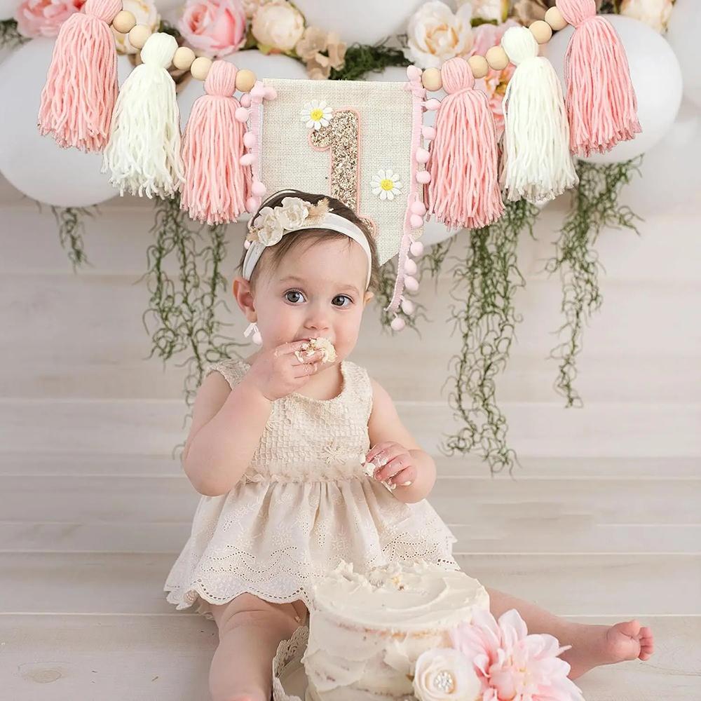 1PC Baby Birthday Banner Venue Decoration, Cowboy Wood Bead Tassels, First Birthday Flag, Party Photography Props