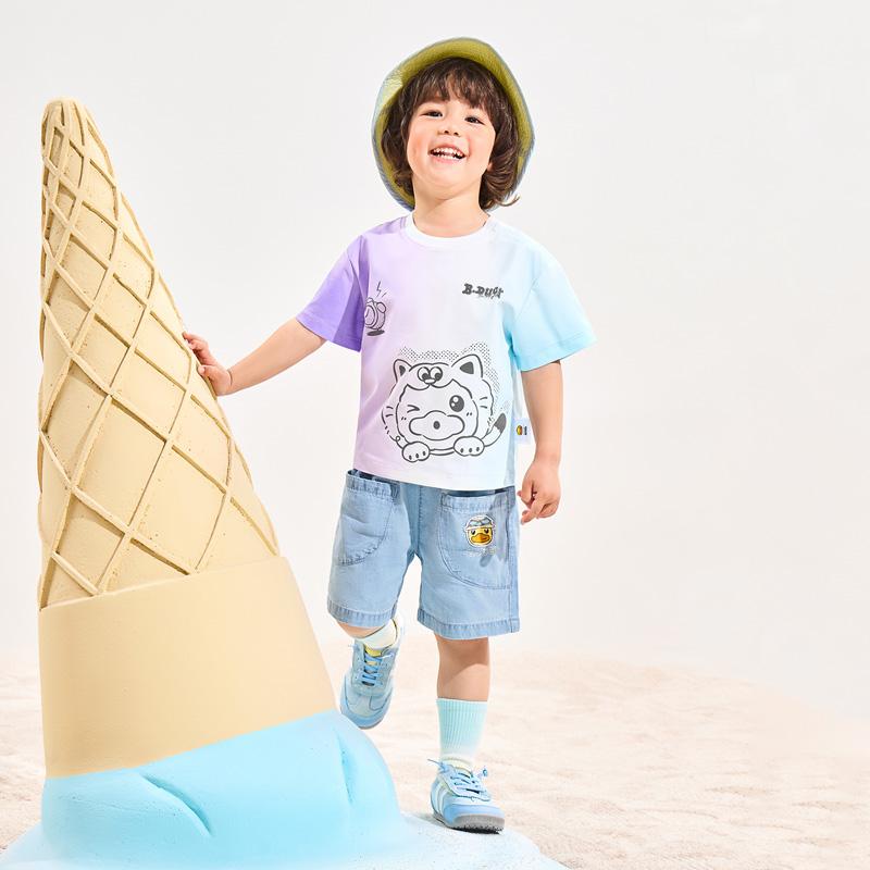 Yellow Duck Children's Wear 2026 Summer Boys and Girls Color Blocked Printed Short T-shirt Fashion Short Sleeve