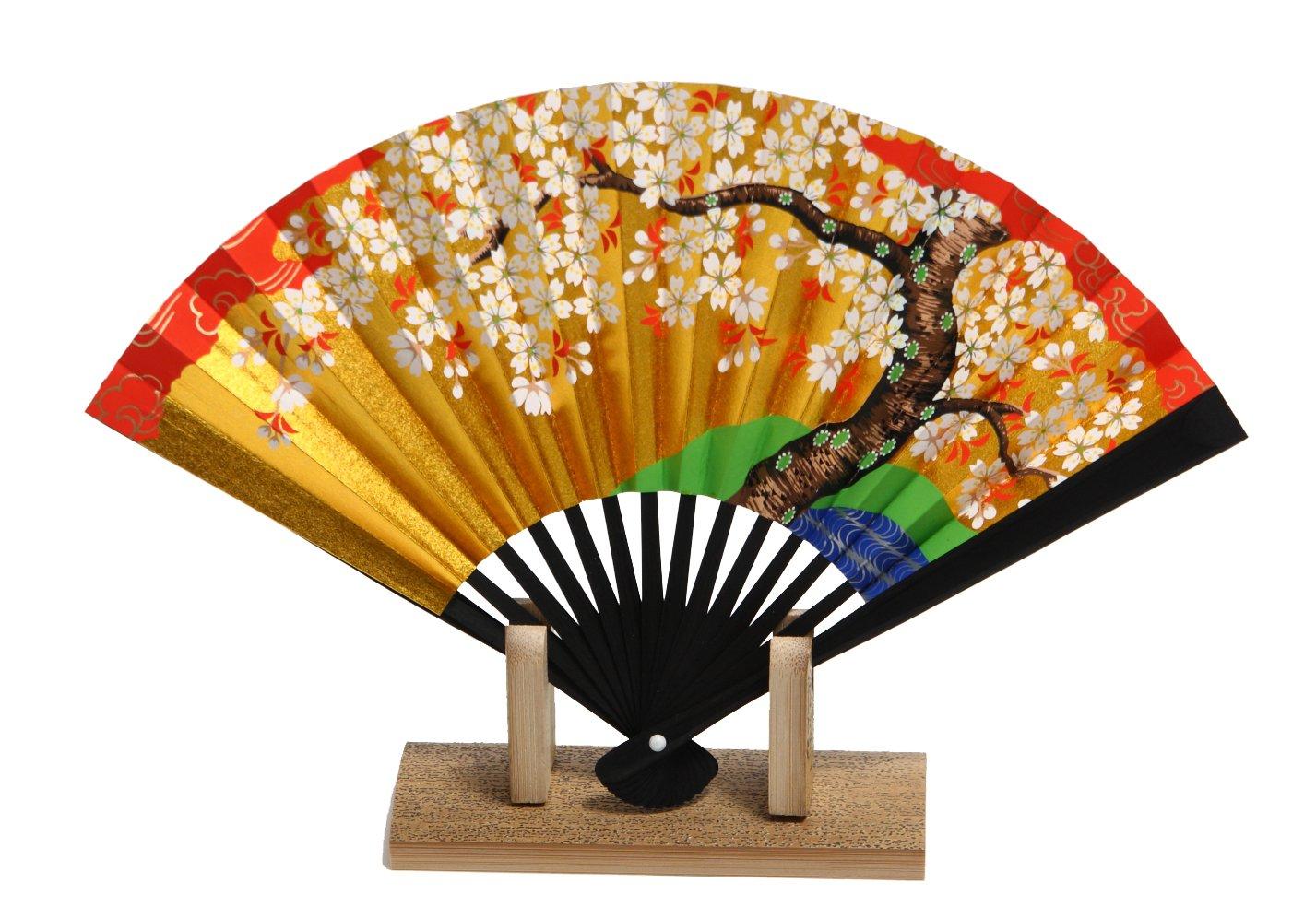 

Hasegawa Kyoto Decorative Fan with Black-Dyed Ribs and Stand, Boxed (Cherry Blossom Design, 5-inch)