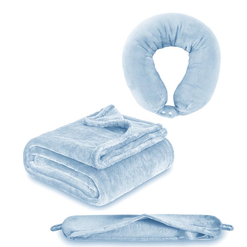 Inflatable Travel Neck Pillow with Portable Flannel Fleece Blanket and Zipper Storage Bag