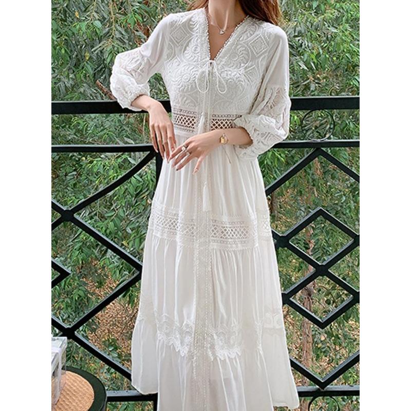 Λευκό μακρύ φόρεμα Γυναικεία καλοκαιρινά Boho δαντελένια φορέματα Γυναικείο φόρεμα για διακοπές στην παραλία