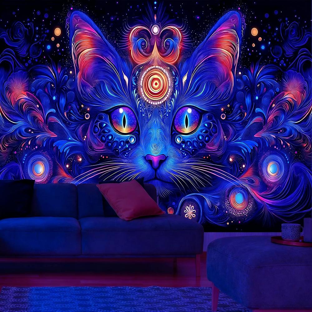 Glowing Cat Tapestry Vivid Night Art Uv Reaction Tapestry Background Decoration Wall Hanging Bedroom Party Decoration
