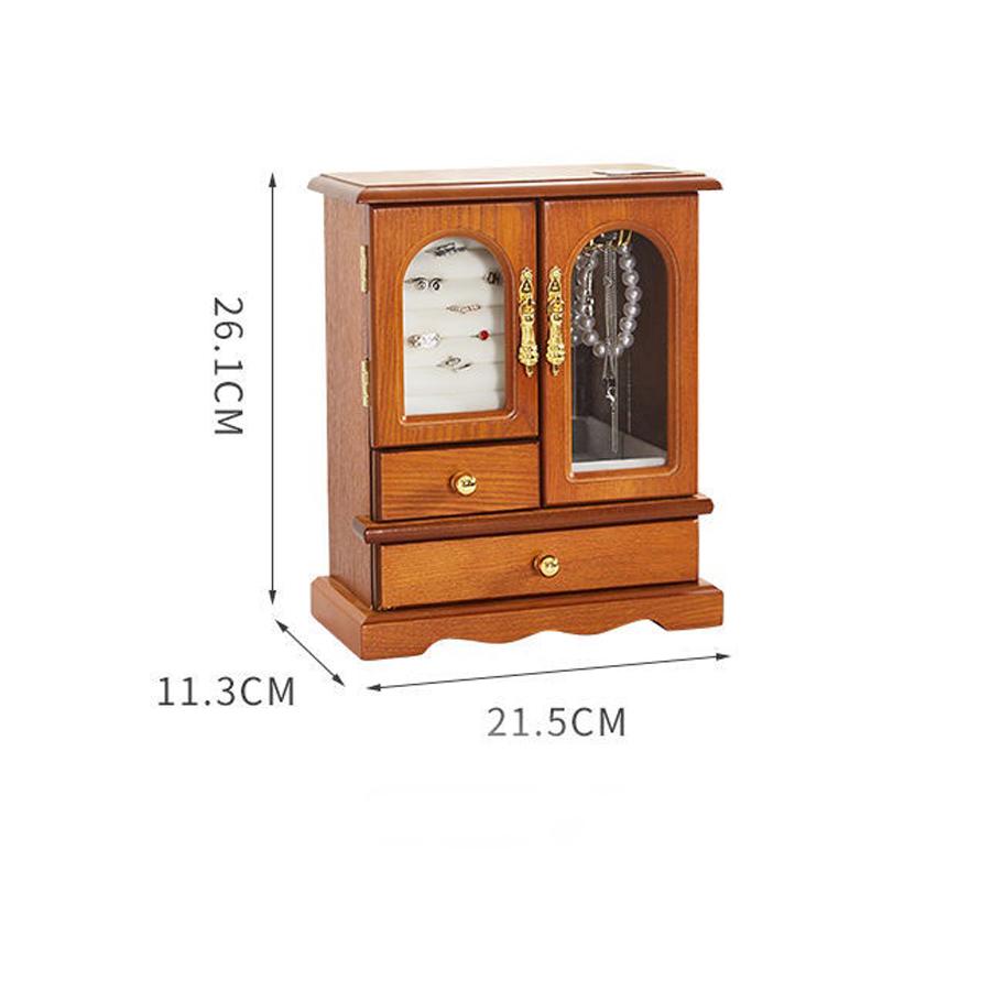 

34*29,5*19 см1 шт. Двухдверный шкаф для хранения ювелирных изделий в стиле ретро с двумя ящиками, прозрачный, многоуровневый шкаф для сортировки ожерелий, колец и сережек. 1pc