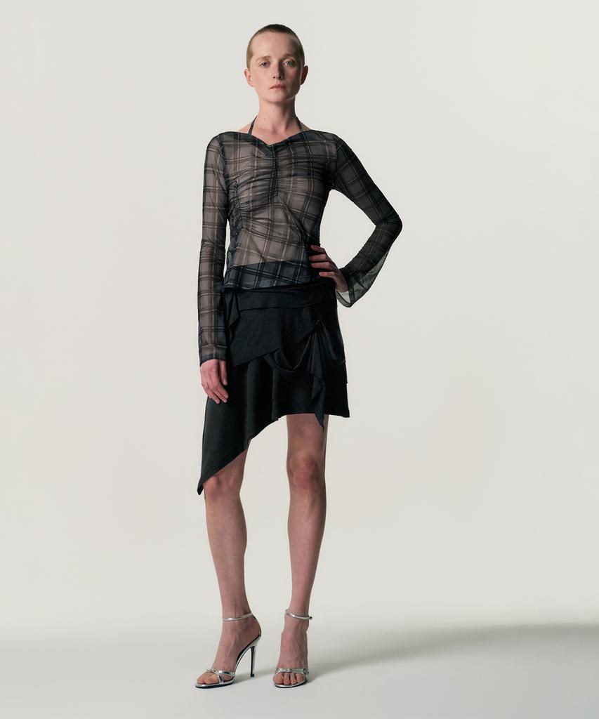 Kimjisu Sheer Plaid Shirring T-Shirt_Grey
