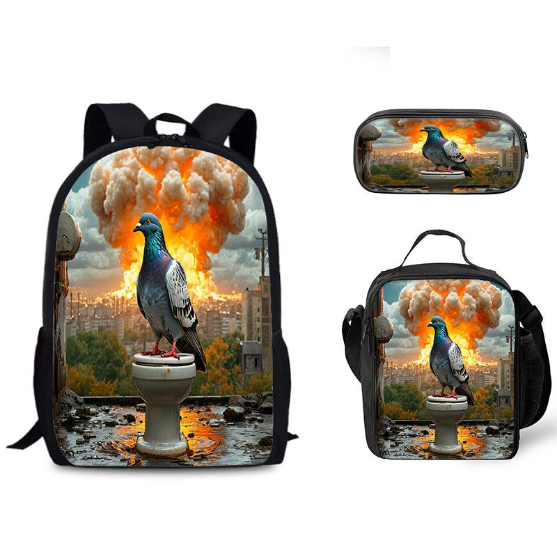Luxus Beliebt Lustig Neuheit Taube auf Toilette 3D Druck 3Stück/Set Schüler Schultaschen Laptop Tagesrucksack Rucksack Lunchtasche Federmäppchen