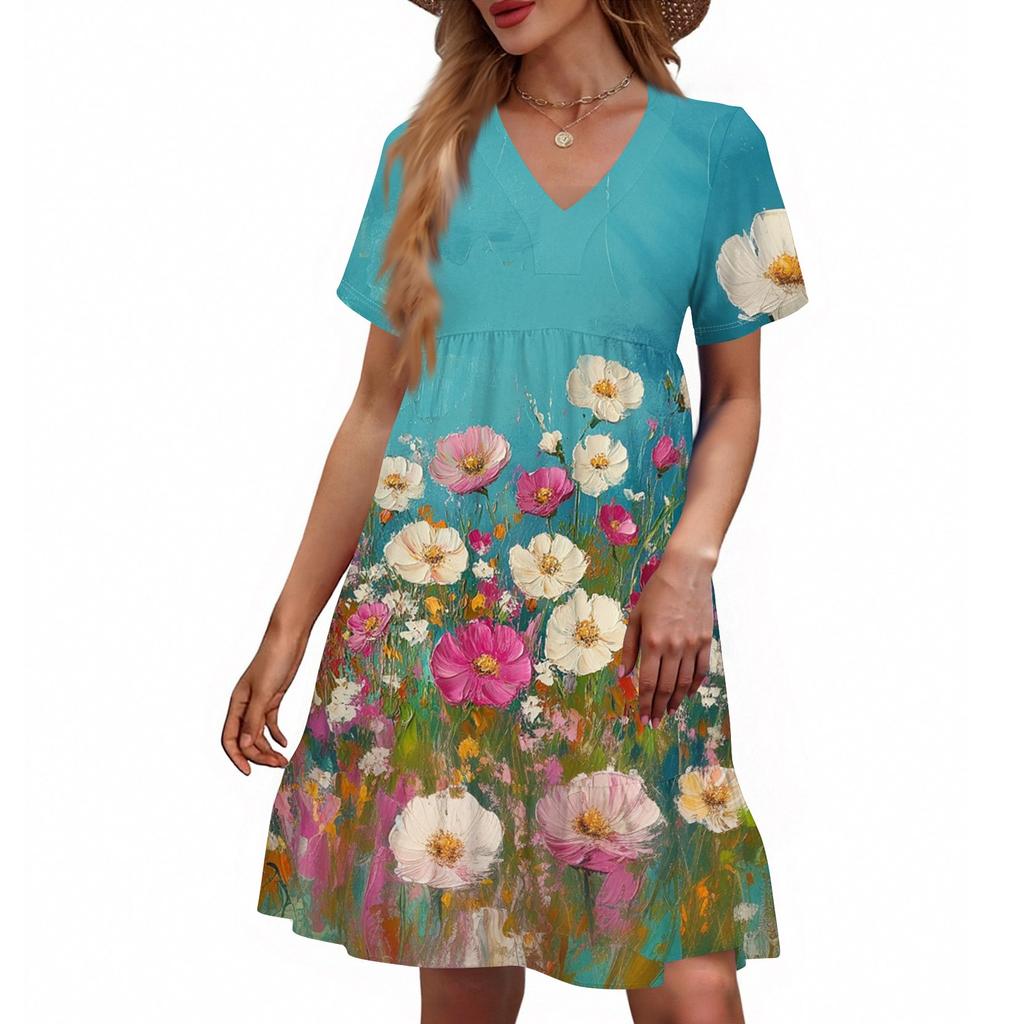 Women's Casual Fashion V-Neck Short Sleeve Floral Print Dress