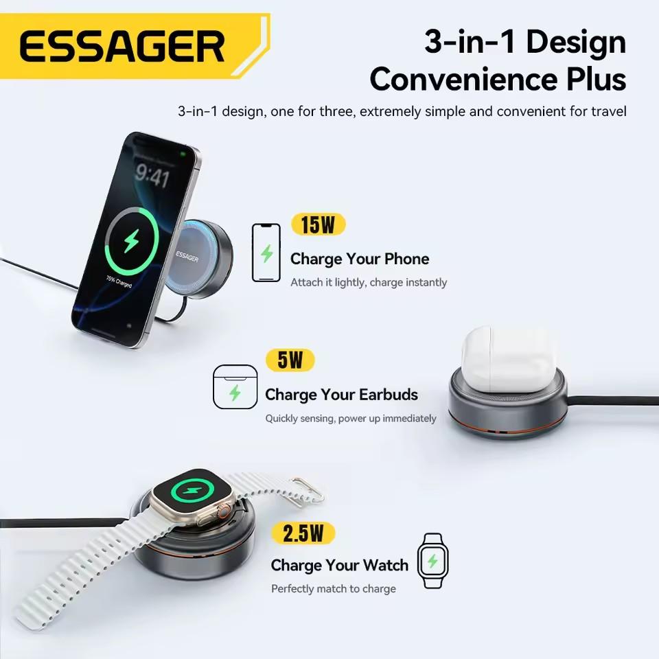Essager 15W 3 in 1 Magnetic Wireless Charger With 96cm Retractable Type-C Cable For iPhone 16 15 14 13 Pro Max Airpods Watches
