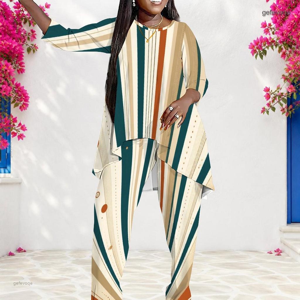 Women Plus Size Beige Dark Green Printed Round Neck Three Quarter Sleeve Asymmetrical Top Long Pants Two Piece Set