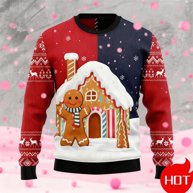 Autumn New Gingerbread Man Print Christmas Sweater Funny Women Ugly Christmas Sweater Gift Tops Couple Crewneck Sweatshirt Tops