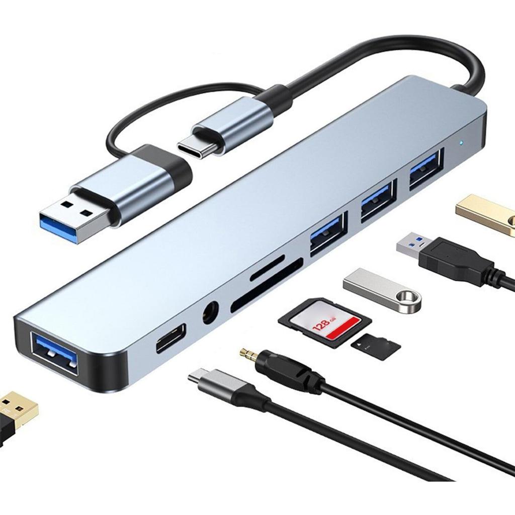 8-IN-2 USB A & USB C Hub Type-C Docking Station Multiport Adapter USB 3.0 Fast Data Transfer SD TF