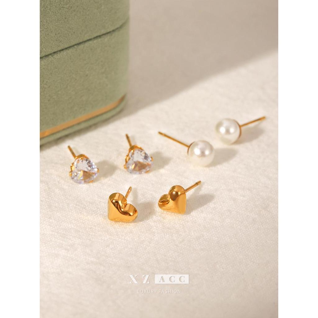 Elegant Freshwater Pearl & Zircon Heart Titanium Steel Earrings - High-End Light Luxury Women's Fashion