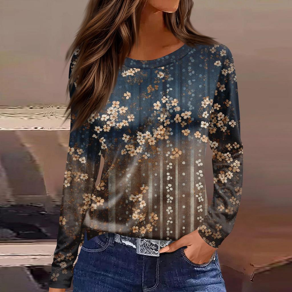 Women's Fashion Casual Slit Hem Round Neck Long Sleeve Loose Printed T-Shirt Ladies Top