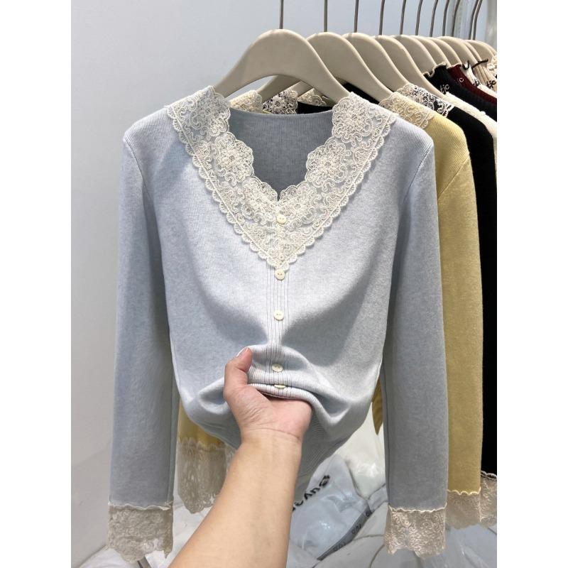 Design lace collar knitted bottoming shirt women's spring button-up top soft waxy sweater
