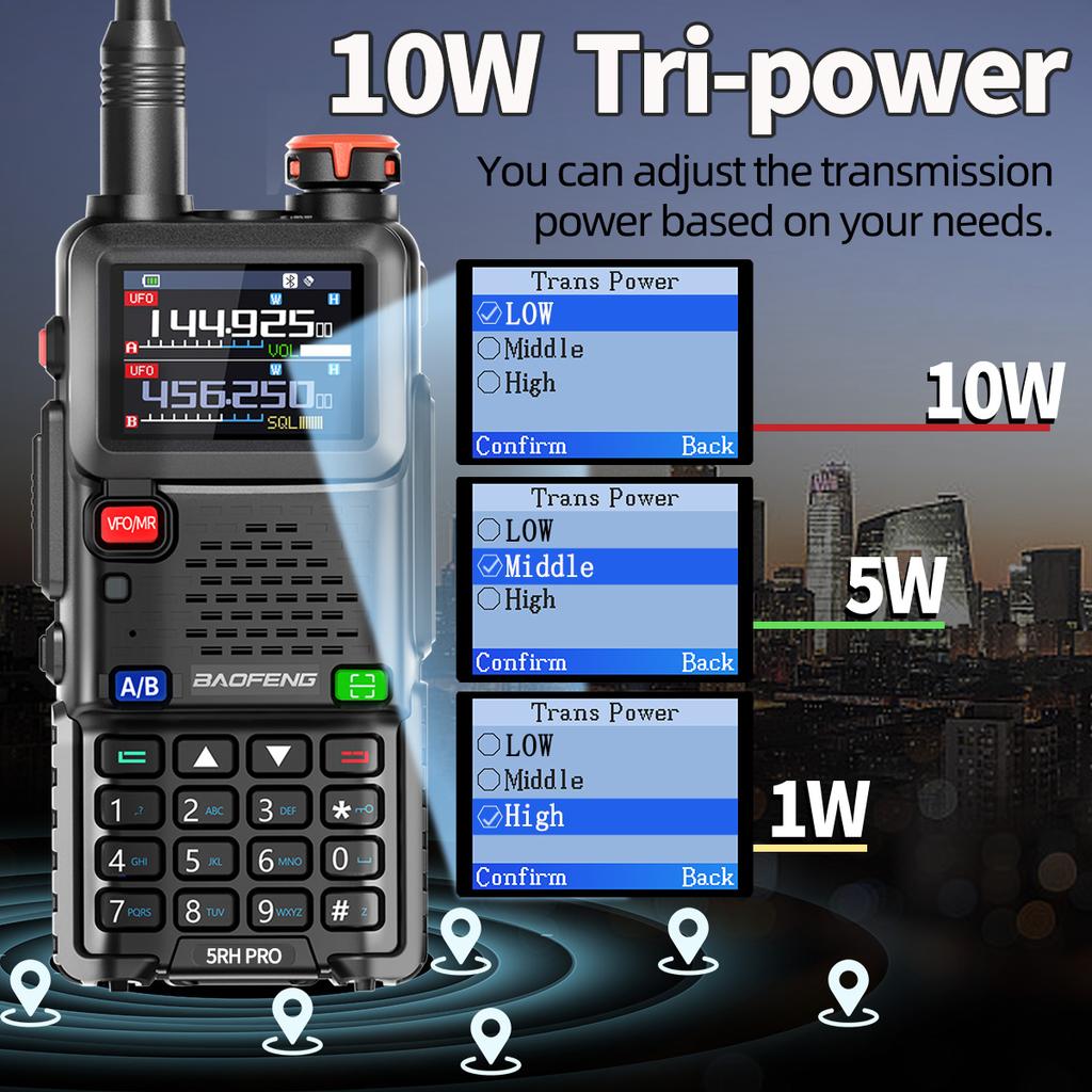 Baofeng UV-5RH PRO GPS Walkie Talkie Bluetooth Programming 10W Multi Band AM/FM Long Range Two Way Radio Cruise Travel