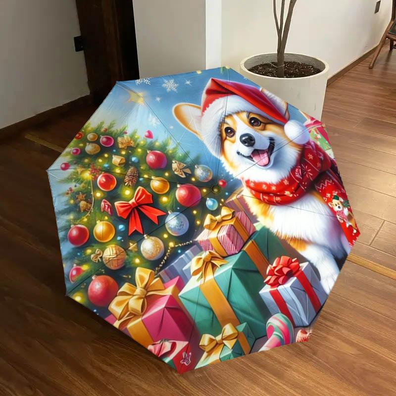 1pc Christmas Corgi Celebration Umbrella with Plastic Handle,Suitable for All Seasons Home Travel Outdoor UmbrellaDD223