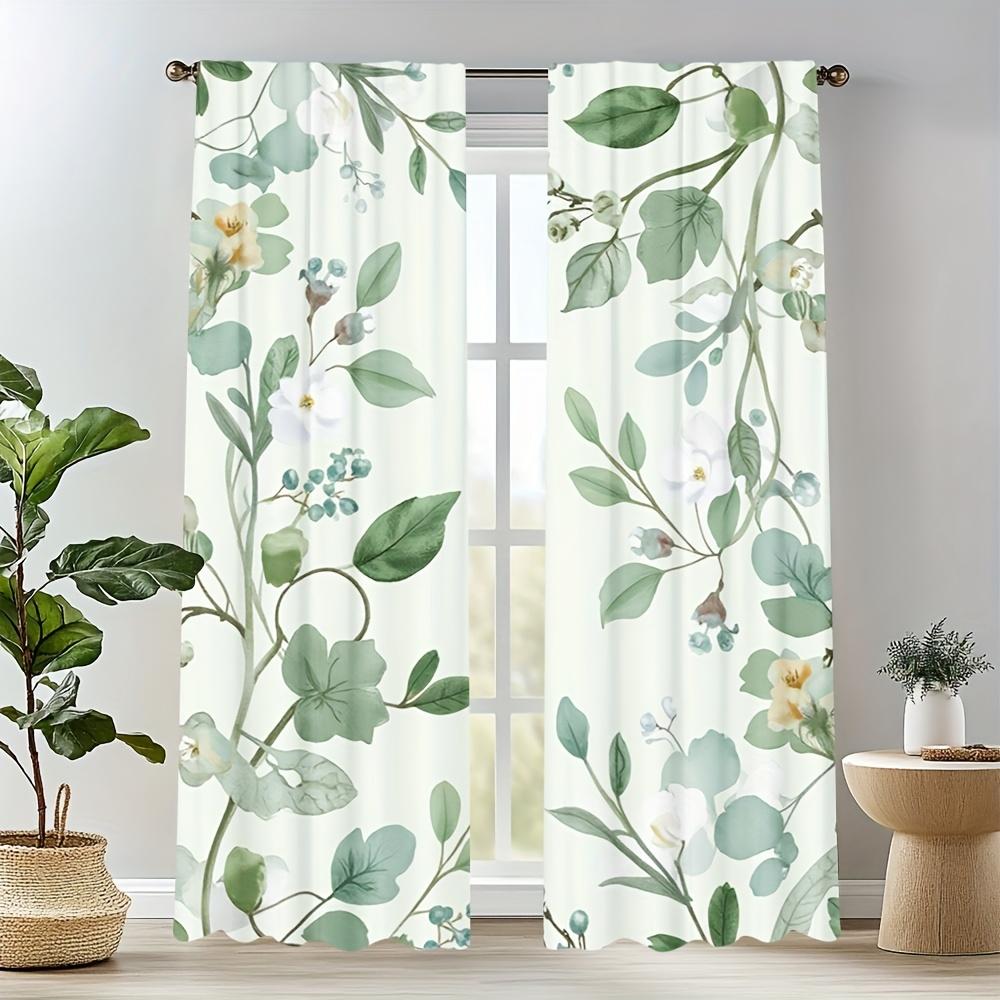 2Pc Sets Of Green Leaf Themed Curtains, Polyester Fabric, Machine Washable, Suitable For Bedroom, Living Room, Bathroom