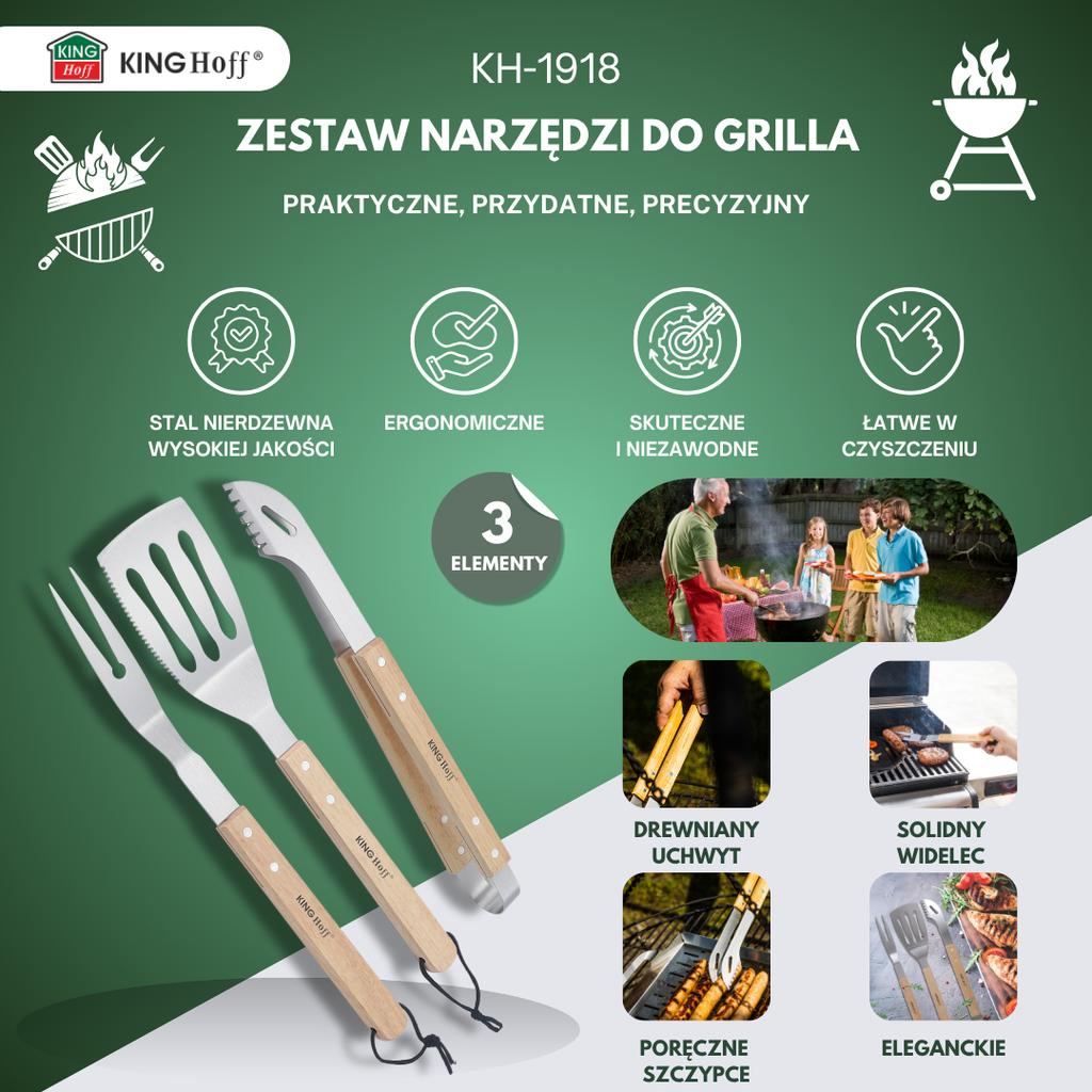Zestaw przyborów do grilla, 3 elementy, Narzędzia do grillowania, KINGHOFF KH-1918