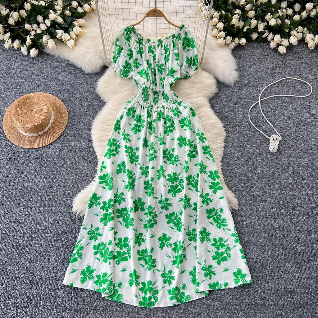 Retro Off Shoulder Dress Puff Sleeve Print Beach Vacation Women Korean Fashion Summer Vestidos Dresses