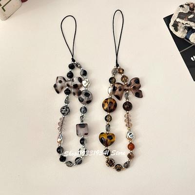 INS Cute Maillard Bowknot Love Heart Bead Phone Charms Chain For Phone Accessories Phone Strap Anti-Lost Lanyard Hanging Rope