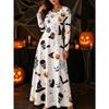 Ladies Pumpkin Skeleton Print Round Neck Long Sleeve Maxi Dress Halloween Party Dress