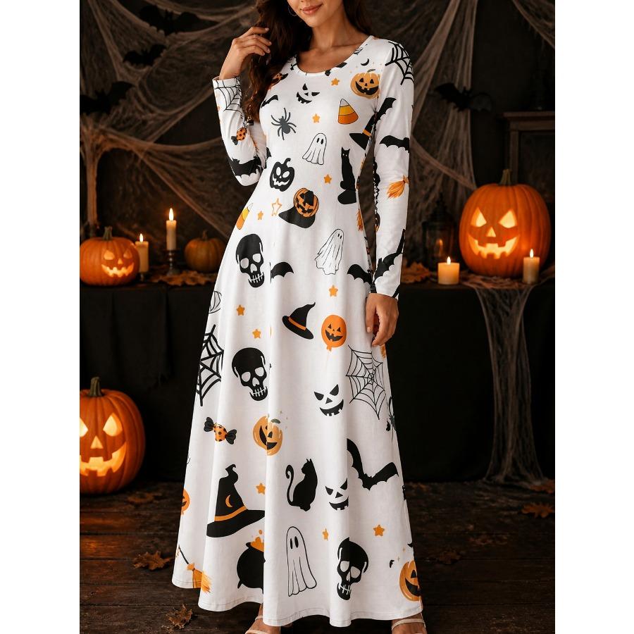 Ladies Pumpkin Skeleton Print Round Neck Long Sleeve Maxi Dress Halloween Party Dress