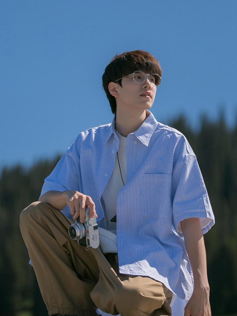 Men's Japanese Striped Short-Sleeve Lapel Shirt - Summer Cityboy Casual Versatile Trendy Brand Jacket