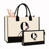 Canvas Shoulder Bag Makeup Set with Color Block Print & Portable Zipper Clutch