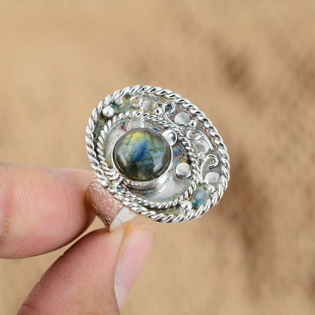 Natural Labradorite Gemstone Promise Adjustable Ring 925 Silver For Girls