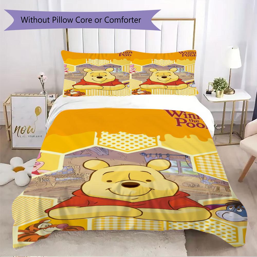 3pcs Cartoon Duvet Cover Set (1 Duvet Cover + 2 Pillowcases, Duvet Insert Not Included), Cute Winnie the Pooh Print Bedding Set.