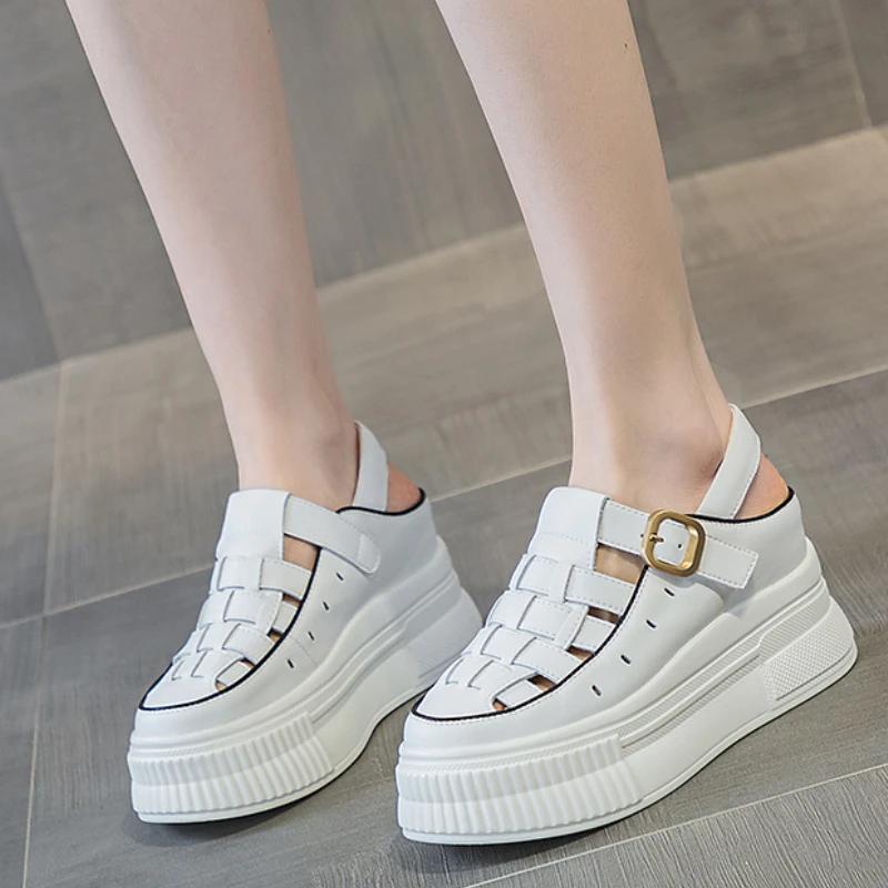 

8cm Genuine Leather Women Summer Shoes Platform Slippers Wedge Sandals for Female Slip on Beach Summer Ladies 33