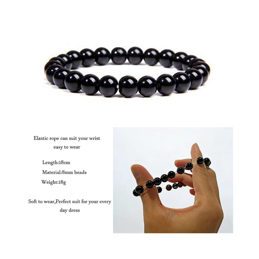 8mm Agate Natural Stone Bracelet - Fashionable Single Strand Elastic Beaded Bracelet with Round Crystal Beads