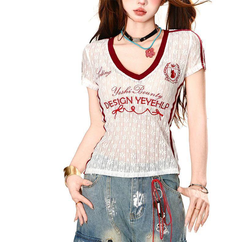 

American College V-Neck Lace Embroidered Slimming T-Shirt - Women s Summer Short Sleeve Versatile Top Double Extra Large білий