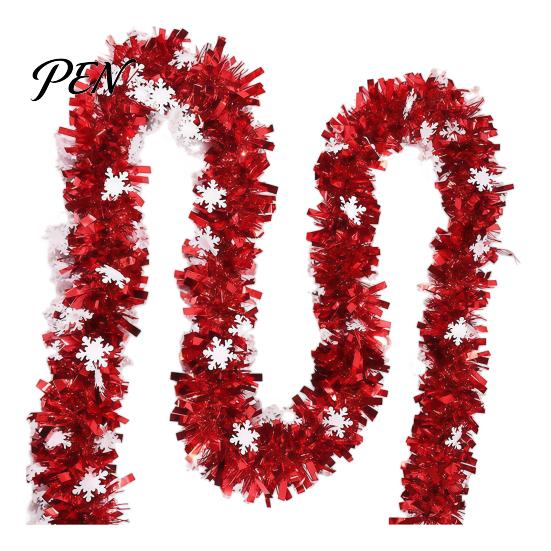 Soft Material Holiday Embellishment 78 Inch Red Christmas Tinsel Garland, Shiny Metallic Foil Twist Garland Tear Resistant Ribbon with Snowflake