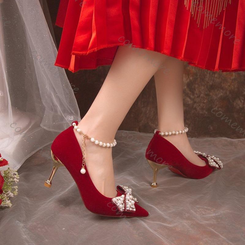 Fashion Comemore Spring and Autumn New Bridal Shoes High Heels Pointed Toe Women Pumps Ankle Pearl Buckle Shallow Mouth Heels for Women