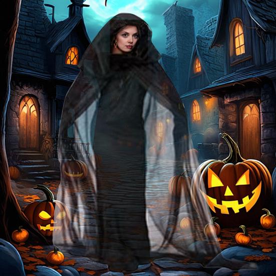 Halloween Gaskappe med hette Voksen Full lengde Gjennomsiktig Nett Hettekappe Halloween Heks Cosplay Kostyme for Renessanse Middelalderfest