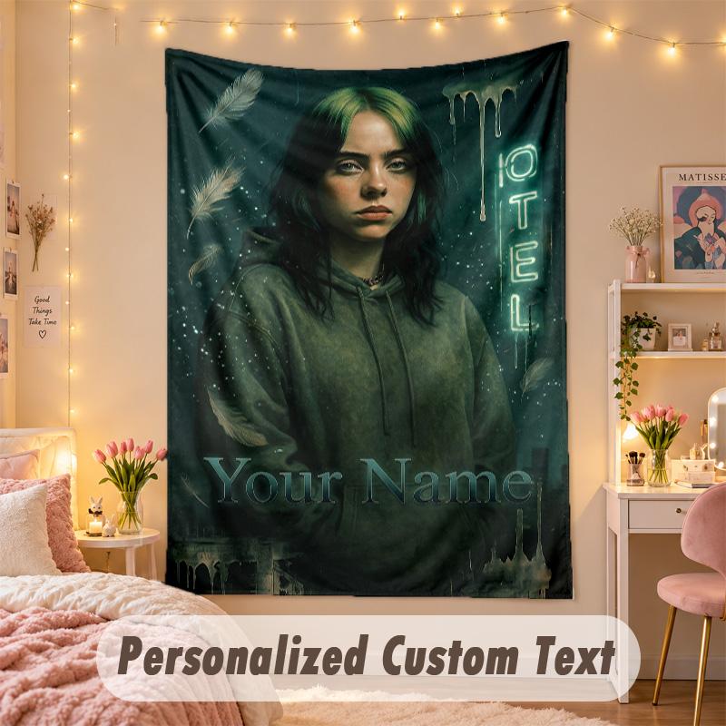 Benutzerdefinierte Personalisierte Wandteppich, Billie Eilish Druck Benutzerdefinierter Text Name Wandkunst Hängend für Schlafzimmer