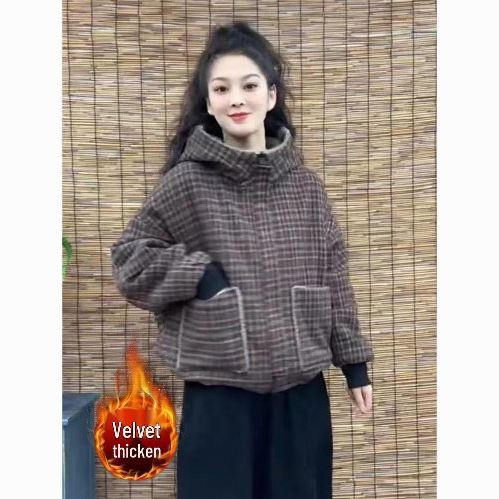 Women's 2025 Winter Plaid Hooded Cotton Coat with Velvet Lining – Stylish, Casual, and Age-Reducing