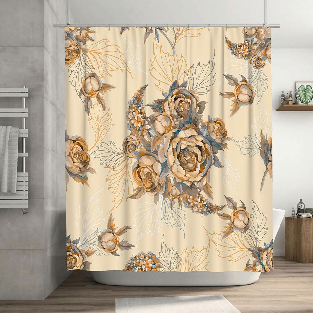 Floral Shower CurtainVintage Style Bath Decor with Autumn Leaves Design for Bathroom Decoration Beige Blue Floral Print Waterpro
