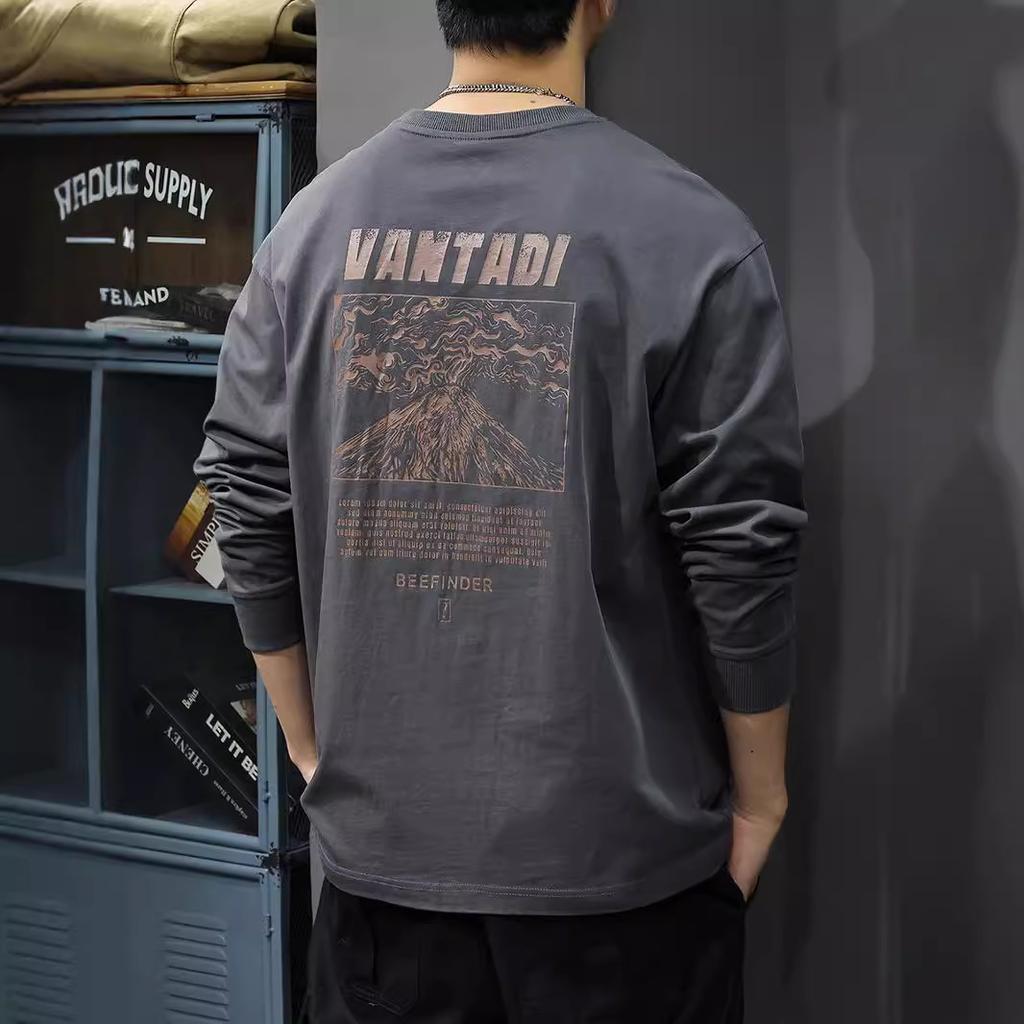 Autumn American Retro Printed Long-Sleeved T-Shirt Men'S Loose Large Size Heavy Cotton Bottoming Shirt Crew Neck Sweater