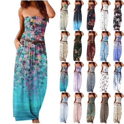 Dresses For Women Strapless Maxi Dress Floral Boho Sundresses Bohemian Beach Long Summer Dress