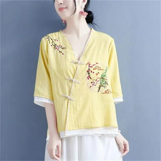 Women s Ethnic Cotton-Linen Embroidered V-Neck Mid-Sleeve Shirt Dress
