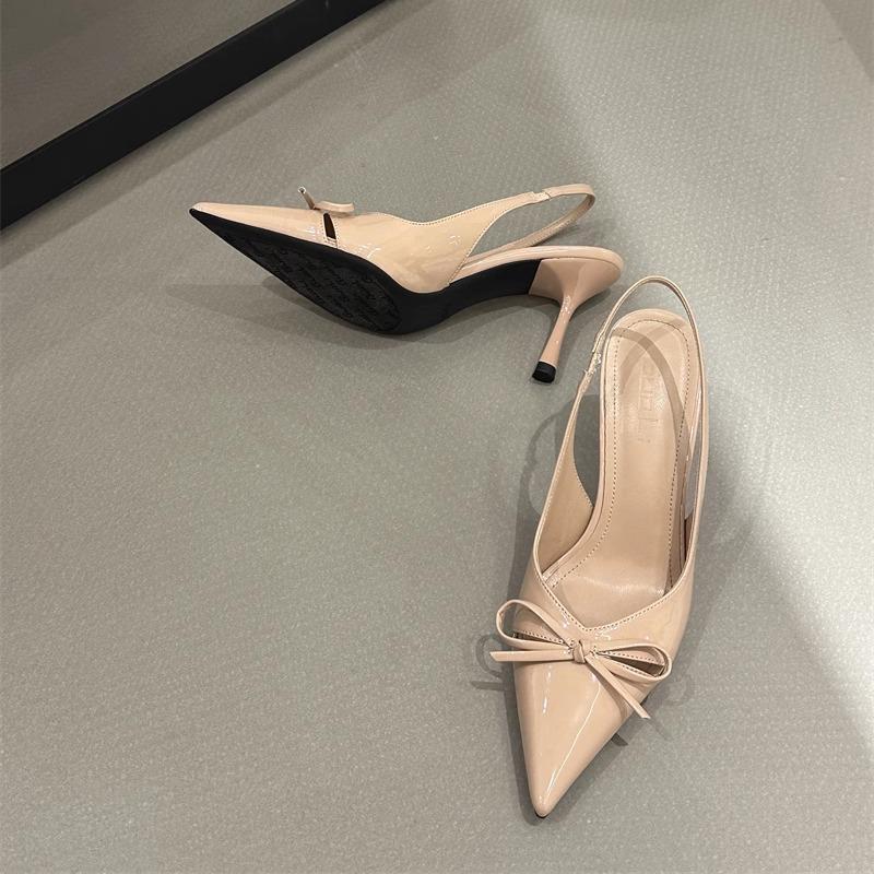 One Word with Stiletto Nude Pointed Bow Fashion Light Mouth High Heels Women's 2025 Spring Empty High Heel Sandals