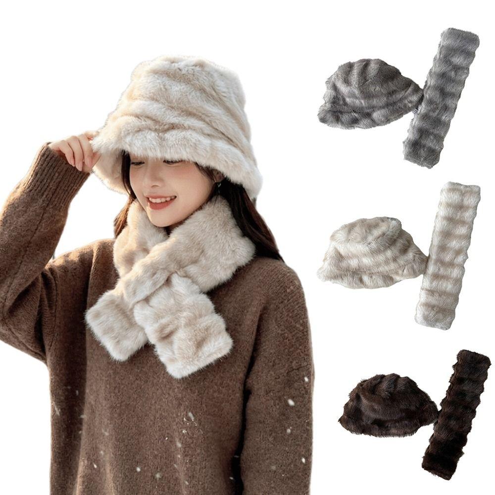Warm Faux Fur Hat Scarf Set Windproof Fur Snood Scarf Fashion Winter Hat Scarf Set Outdoor Travel