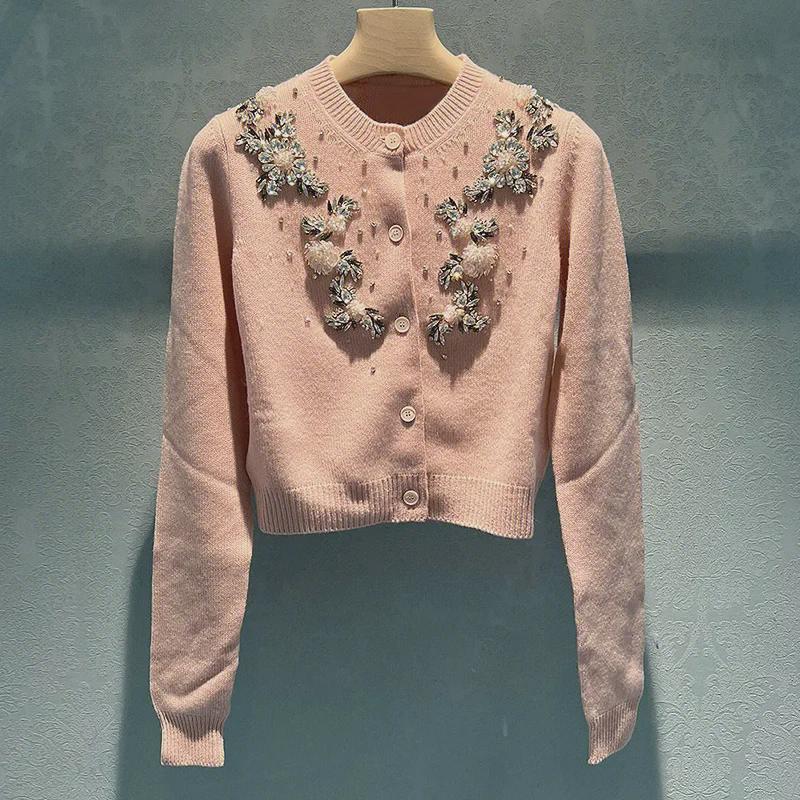 

Miu Pink Hand-Studded Diamond Flower Wool Cardigan S