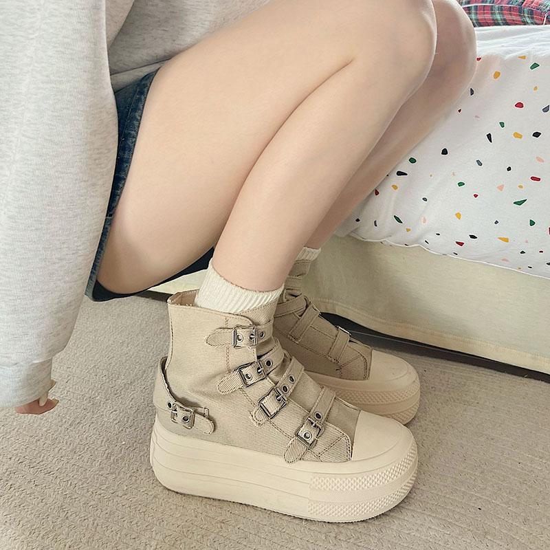 Fashion Women's High Top Canvas Sneakers Design Buckle Strap Zip Simplicity Female Shoes 2025 High Street Grace Waling Shoes